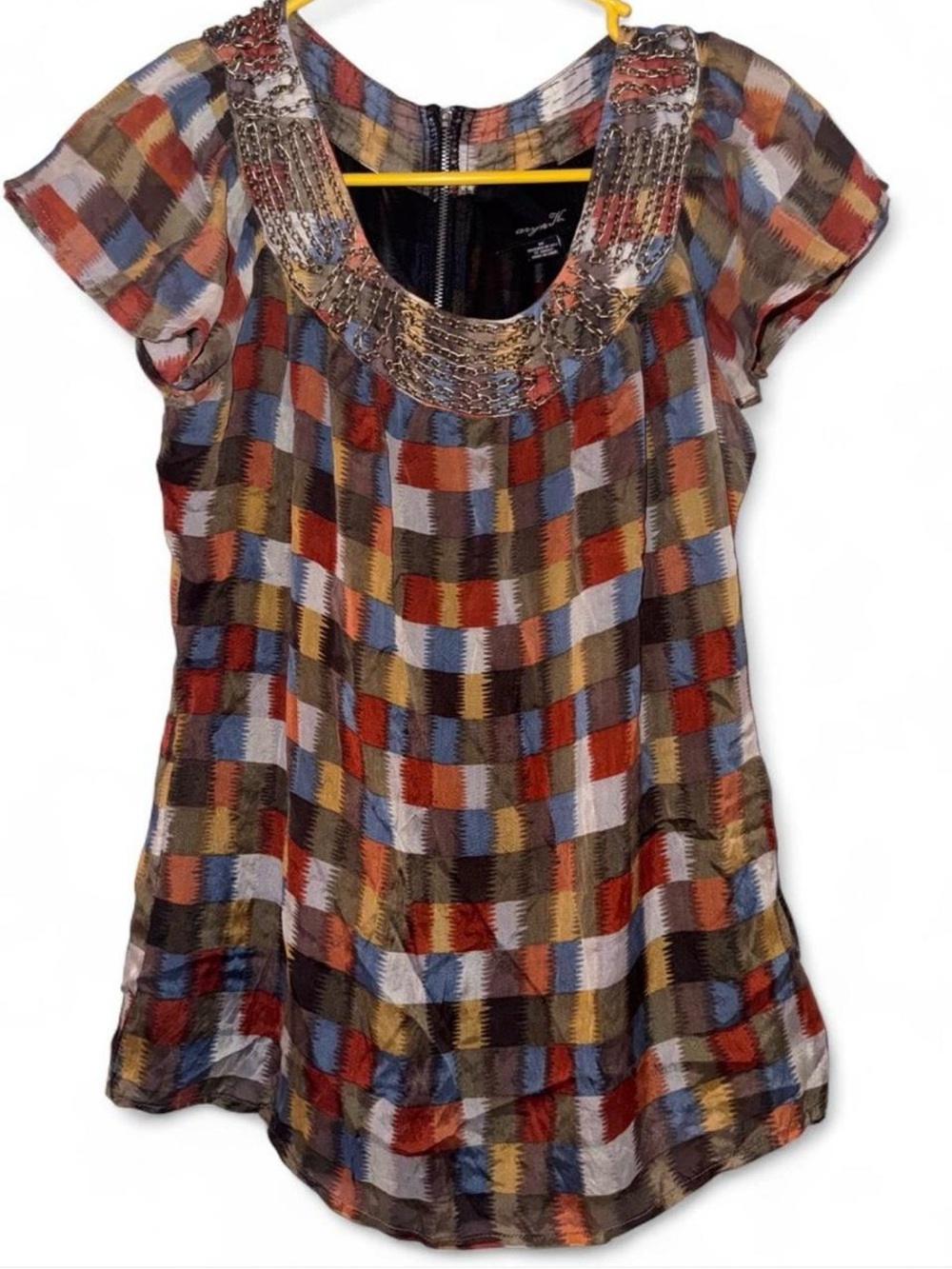 Aryn K 100% Silk Gold Chain Embellished Blouse Size Medium